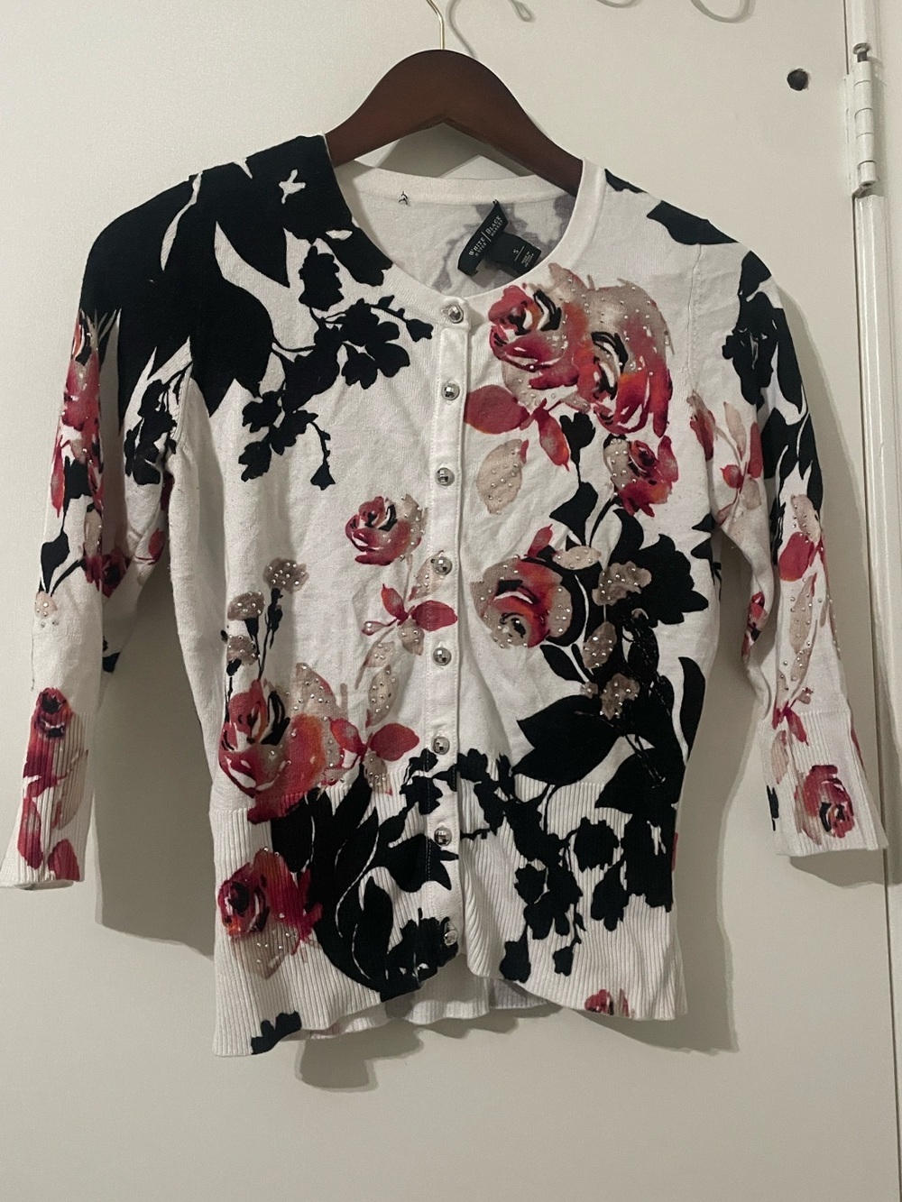White House Black Market Floral Beaded Cardigan Sweater Size S